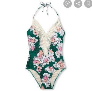 Target Sea Angel Floral Lace Neck Halter‎ One Piece Swimsuit in Green